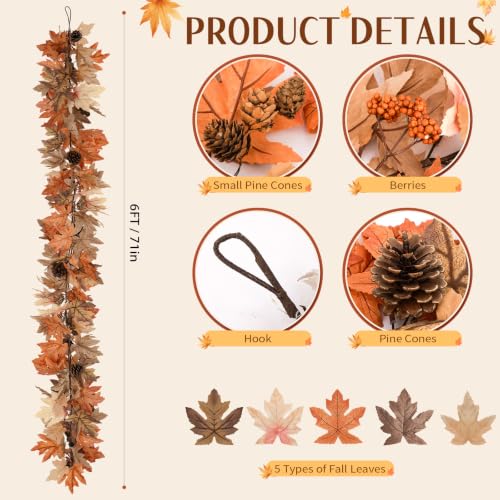 Fall Garland with Lights & Timer - 6 Ft Autumn Decor, 2 Pack