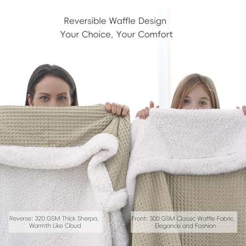 PHF Waffle Sherpa Blanket Queen Size, 90x90 Inches Luxury Plush Flannel Fleece Blanket for Winter, No Shed No Pilling, Cozy Soft & Reversible Waffle Weave Bedding for Home Decor, Khaki