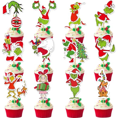 36Pcs Merry Christmas Cupcake Toppers for Christmas Birthday Decorations Whoville Decorations Party Supplies
