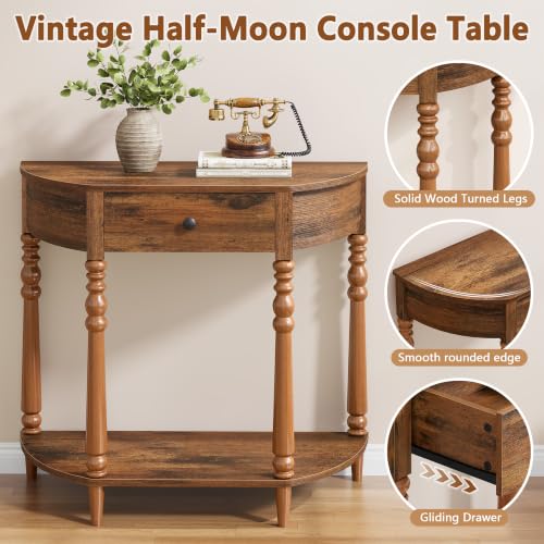 Hoctieon Half Moon Console Table with Drawer - Rustic Brown Entryway Table