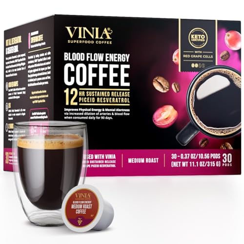 VINIA Blood Flow Medium Roast Coffee Pods 30 Count | Infused with Red Grape Extract, Keto Certified, Long-Lasting Energy