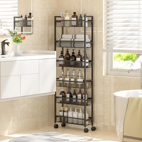 ThreeHio Black 6-Inch Wide 6-Tier Slim Metal Storage Cart with Wheels