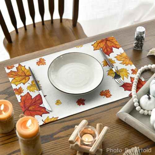Artoid Mode Maple Leaves Fall Placemats Set of 4, 12x18 Inch Thanksgiving Seasonal Table Mats for Party Kitchen Dining Decoration