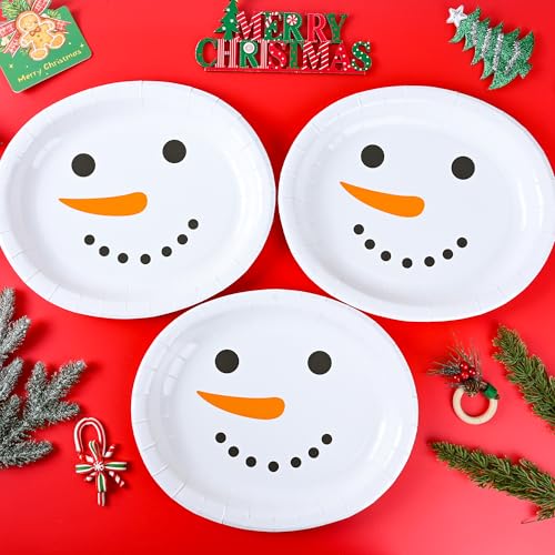 AimFun 50-Pack Snowman Christmas Oval Paper Plates 10x12in