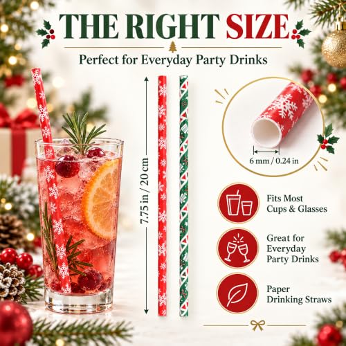 200 Christmas Paper Straws, 7.75in Party Straws