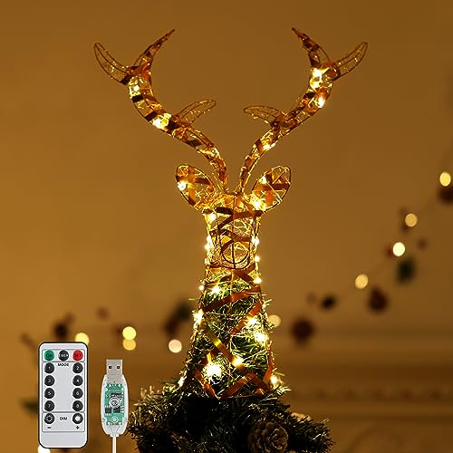 Roylvan 16-inch Reindeer Christmas Tree Topper with Timer & Remote, Laser Finish