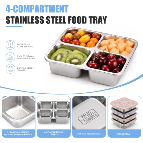 KEABOX 4-Pack Stainless Steel Snack Containers with 4 Compartments, Leak-Proof, 3 Cups Capacity