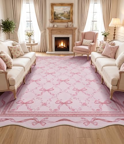Pink Bow Area Rug for Girls - 8x10 Washable Floral Scalloped Rug - Pink / 8' x 10'