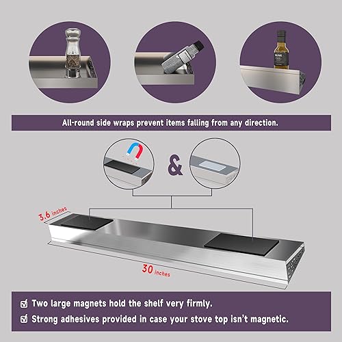 30-Inch Magnetic Stainless Steel Stove Top Shelf – Spice Rack & Organizer