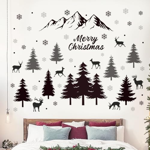 3 Sheets Black Pine Tree Deer Wall Sticker Removable Snowflake Merry Christmas Wall Decal Winter Mountain Woodland Nursery Wall Stickers for Xmas Party Supplies