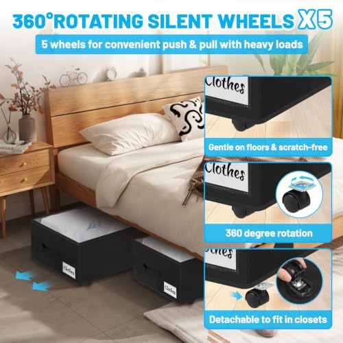 Black Under Bed Storage Bins 2-Pack with Clear Lid & Label - 10 Inch Tall XXL 75L