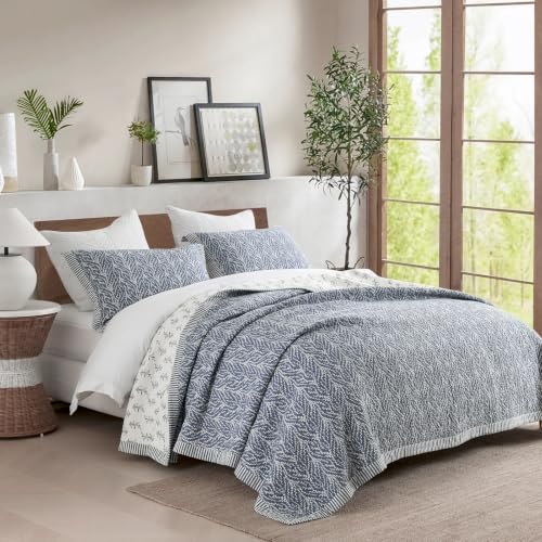 White Slate Blue Queen Quilt Set - 3 Pieces Botanical Cotton Bedspread