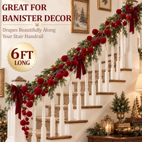6 Ft Burgundy Velvet Christmas Garland with Ornaments - Holiday Decor
