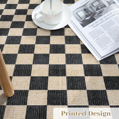 8x10 Checkered Washable Area Rug - Non-Slip Black & White Living Room Floor Cover