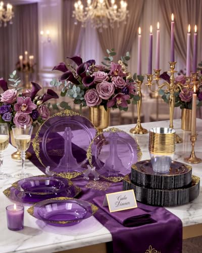 Purple Plastic Dinnerware Set for 25 Guests - 175 Pcs Clear & Gilded