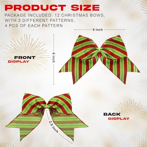 12 Pcs Christmas Bow Decorations - Glitter Red, White, Green Holiday Gift Wrap & Tree Ornaments