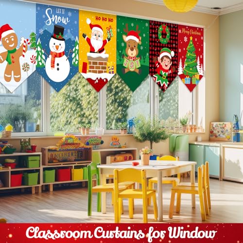 Breling 6 Pcs Christmas Kitchen Curtains Christmas Window Valance Curtain Decoration Xmas Rod Pocket Short Drapes Set for Classroom Living Room Bedroom Holiday Decor 36x24 in(Xmas Cartoon Character)