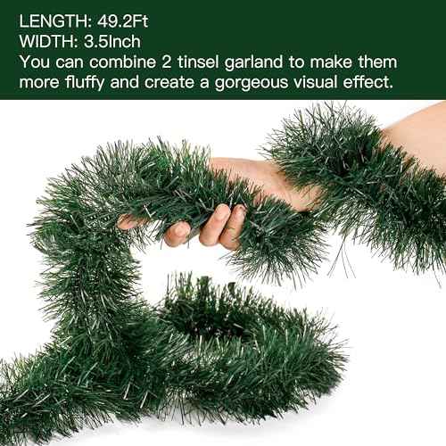 Sggvecsy 49.2Ft Christmas Dark Green Tinsel Garland Xmas Tree Decorations Christmas Metallic Twist Garland Ceiling Hanging Decorations for New Year Party Birthday Holiday Indoor Outdoor Supplies