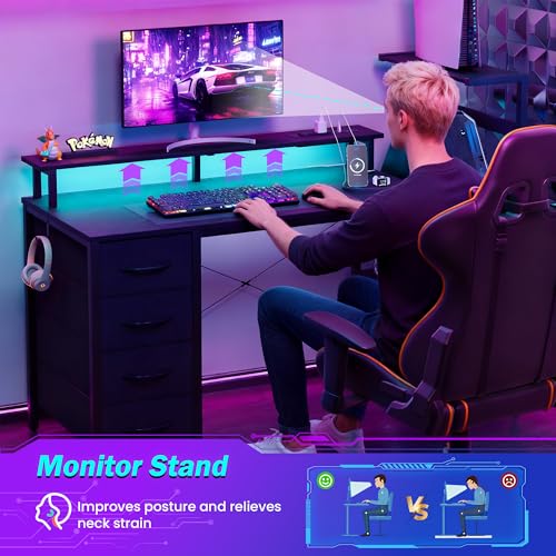 51 Inch Gaming Desk with Drawers & PC Tower Stand LED Lights, Black