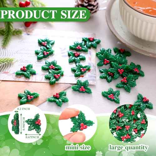 50 Pcs Mini Christmas Decorations Miniature Resin Triple Leaf Holly Berries Ornament Christmas Simulation Holly Berries Leaves DIY Tiny Craft Charms for Xmas Tree Wreath Card Gift Fillers Supplies