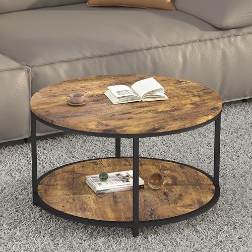 NSdirect Small Round Coffee Table 27.6-Inch 2-Tier Rustic Wood Home Furniture Brown Variation