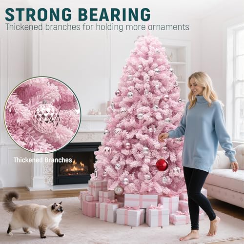 YITAHOME 7.5ft Pink Flocked Christmas Tree with Warm White Lights & 1346 Tips - Prelit Holiday Decor
