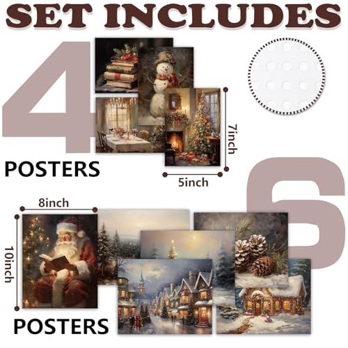 Vintage Christmas Wall Art Prints Set - Snow Scene & Santa Holiday Posters