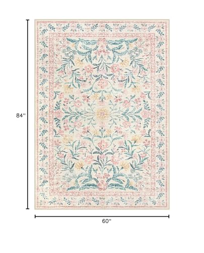5' x 7' Pink Nursery Rug for Girls Bedroom - Washable Boho Floral Non-Slip Floor Carpet