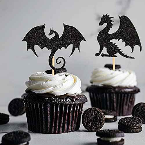 36 Pieces Dragon Cupcake Toppers Black Glitter Cake Picks Cool Dinosaur Cupcake Topper for Dragon Themed Party Birthday Christmas Fantasy Themed Party Decoration, 6 Styles