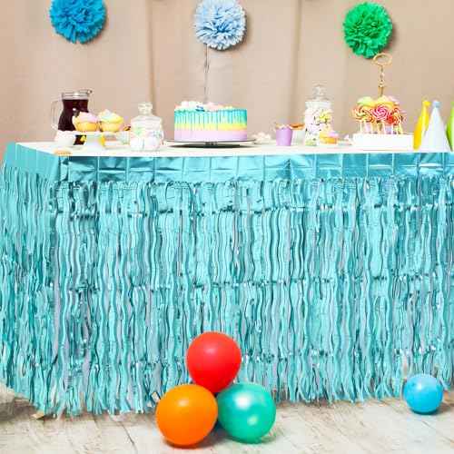 2 Pack Shiny Wavy Tinsel Foil Fringe Table Skirts Table Decorations for Mermaid Birthday Decorations, Summer Beach Theme, Ocean Tropical Shark Luau Birthday Party Decor (Teal Blue)