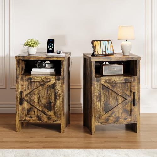 MXV Nightstand Set of 2 with Charging Station - Farmhouse End Tables with Storage