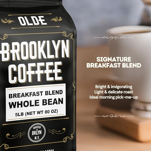 Olde Brooklyn Coffee Whole Bean Breakfast Blend 80oz - Light Medium Roast, Fresh NYC Roasted