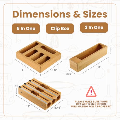 9-in-1 Kitchen Drawer Organizer for Food Storage & Wraps, Bamboo Dispenser with Cutter