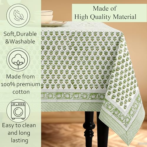 Emerald Green Cotton Tablecloth 70x108 Inch Rectangular Hand Block Print