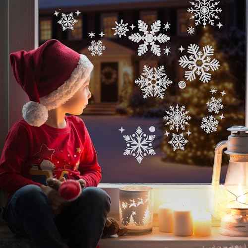 222PCS Snowflake Glitter Christmas Window Clings, 6 Sheet Snowflake Clings for Glass, Christmas Window Decals Stickers for Home Office Decor Xmas Party Decorations