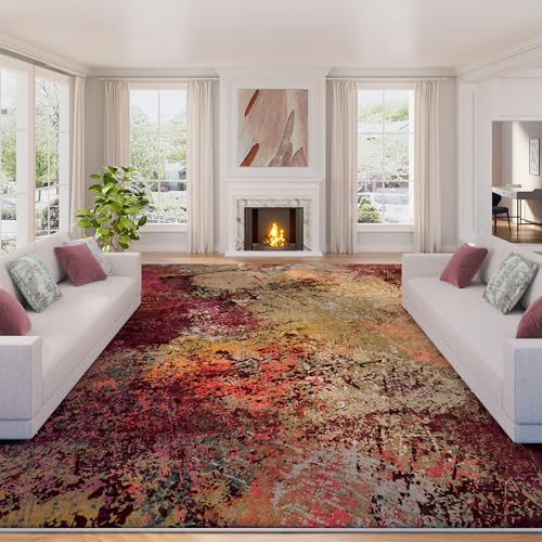 Arbosofe 8x10 ft Modern Abstract Washable Rug with Non-Slip Backing for Living Room & Bedroom, Red & Orange