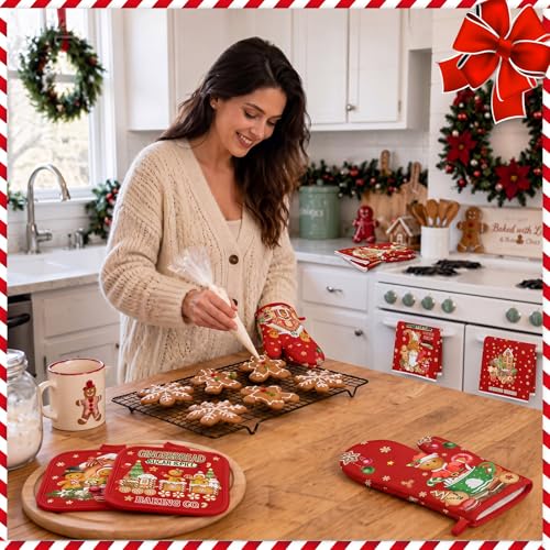 Gingerbread Man Kitchen Decor Set with Towels, Rugs & Valance - Holiday Christmas