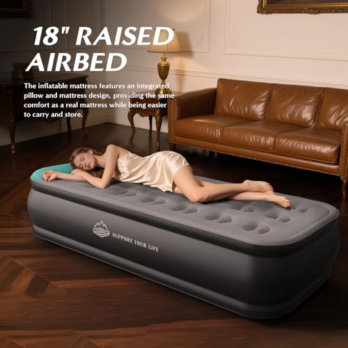 JUITOY Grey Twin Air Mattress with Built-in Pump, Portable Camping Bed