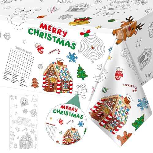 1Pack Christmas Coloring Tablecloth for Kids, Disposable Xmas Paper Tablecloth, Santa Merry Christmas Color-in Activity Table Cover for Kids Xmas Winter Holiday Party Decorations, 54x108Inch