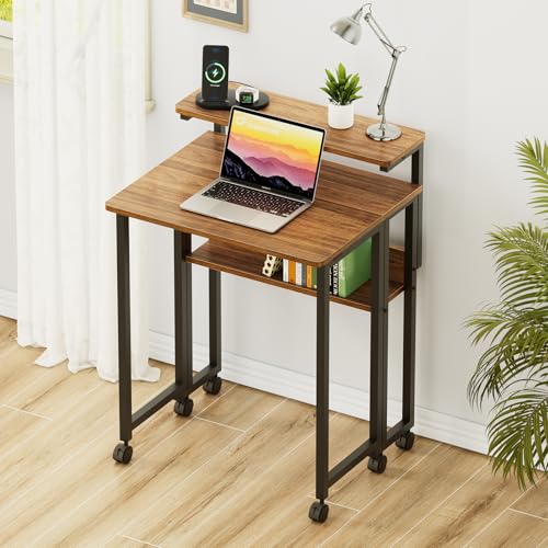 GreenForest Folding Desk with Adjustable Monitor Stand - Walnut, 24.8 Inch