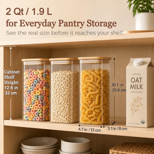 Glass Storage Containers with Lids - 2 Qt Set of 3, Food-Grade Pantry Jars