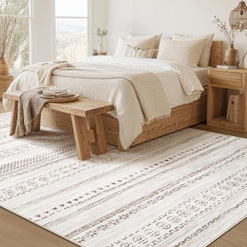 Kakania 8x10 Washable Area Rug - Boho Geometric Home Decor, Brown, Non-Slip, Machine Washable, Low-Pile for Living Room