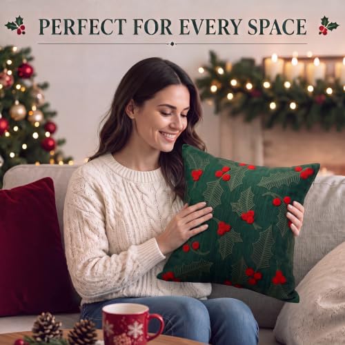 Peryiter 2 Pcs Christmas Throw Pillow Covers 18x18, Holly Berry