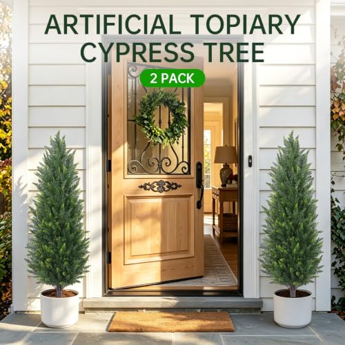 Dark Green 4FT Artificial Cedar Topiary Trees (2 Pack) with Ground Spikes for Garden & Home Decor