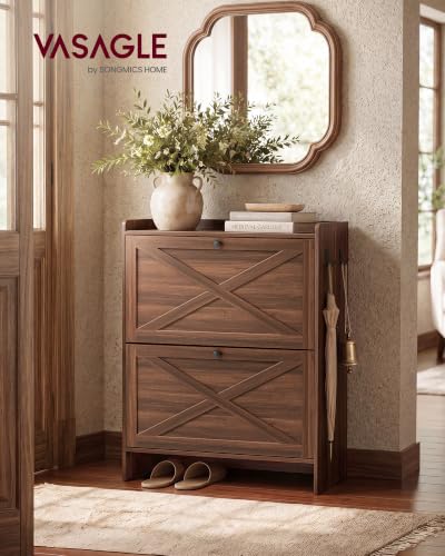 VASAGLE Narrow Shoe Storage Cabinet Organizer Chestnut Walnut, 2 Flip Drawers