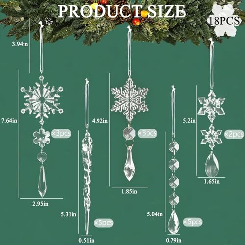 18pcs Crystal Christmas Ornaments for Tree Decorations-Hanging Acrylic Snowflake Icicle Ornaments with Drop Pendants for Winter Wonderland Chandelier Crystals Decorations Supplies