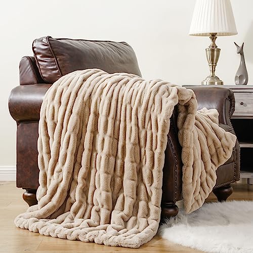 Soft Faux Fur Throw Blanket - Double Side, 50x60 Inches, Beige - Cozy Couch & Bed Decor