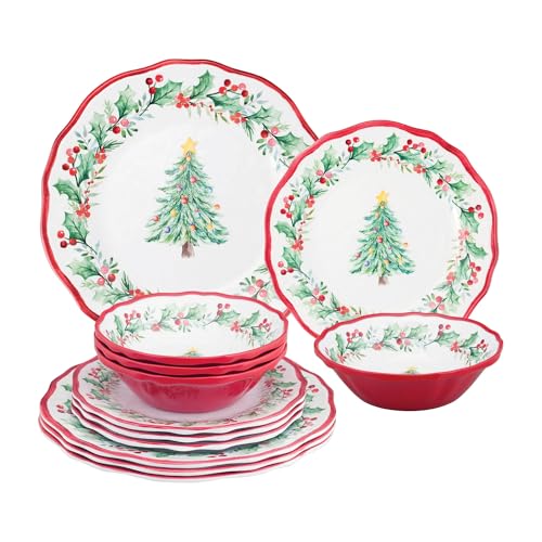 UP 12-Piece Christmas Tree Melamine Dinnerware Set for 4, Outdoor Plates & Bowls – Red