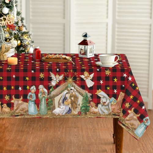 Horaldaily Christmas Tablecloth 60 x 84 Inch Rectangular Red Nativity Holiday Decor