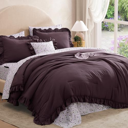 BLOOMHAVEN Full Size Comforter Set 7 Pieces Dark Purple Floral Ruffle Bedding